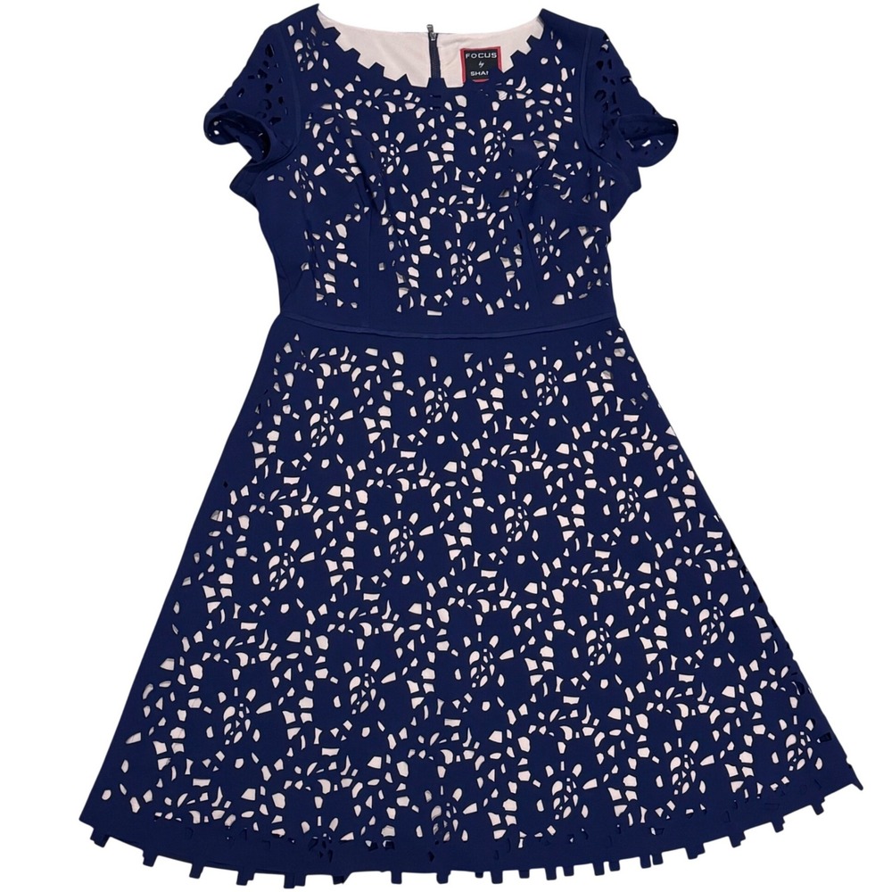 Focus by Shani Fit & Flare Dress 10 Navy Blue Excellent Laser Cut Short Sleeve